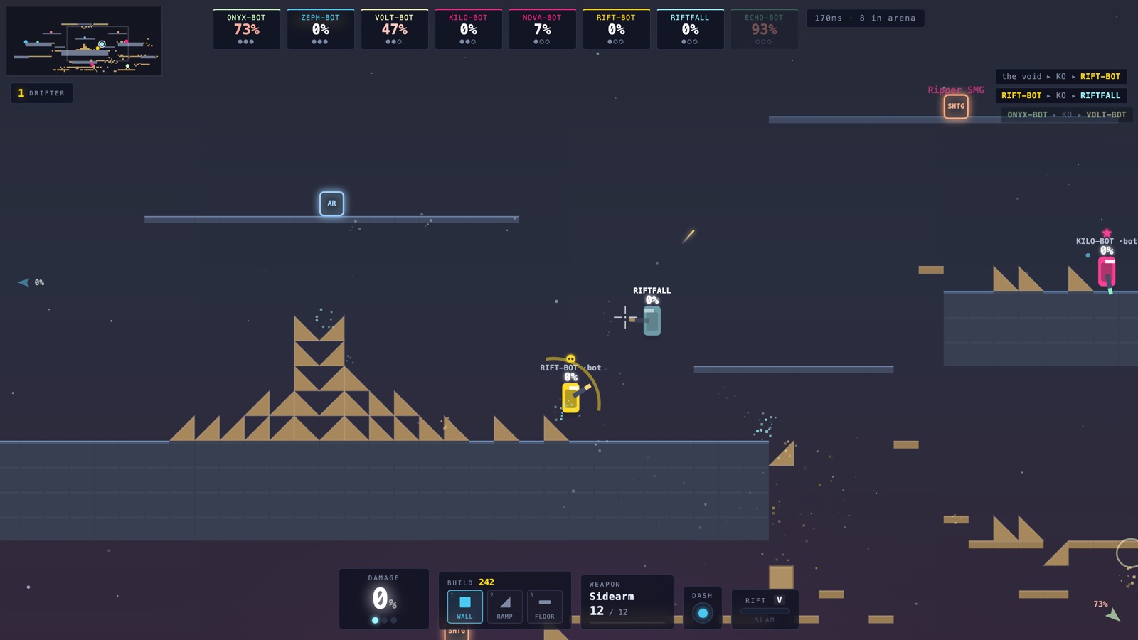 RIFTFALL gameplay: eight fighters on floating islands, ramps and walls built mid-match, damage percentages above each player, killfeed at the right.